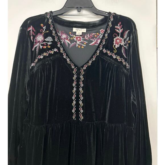 Style & Co Black Velvet Embroidered Baby Doll Top Boho Whimsigoth 3X New - Picture 6 of 15